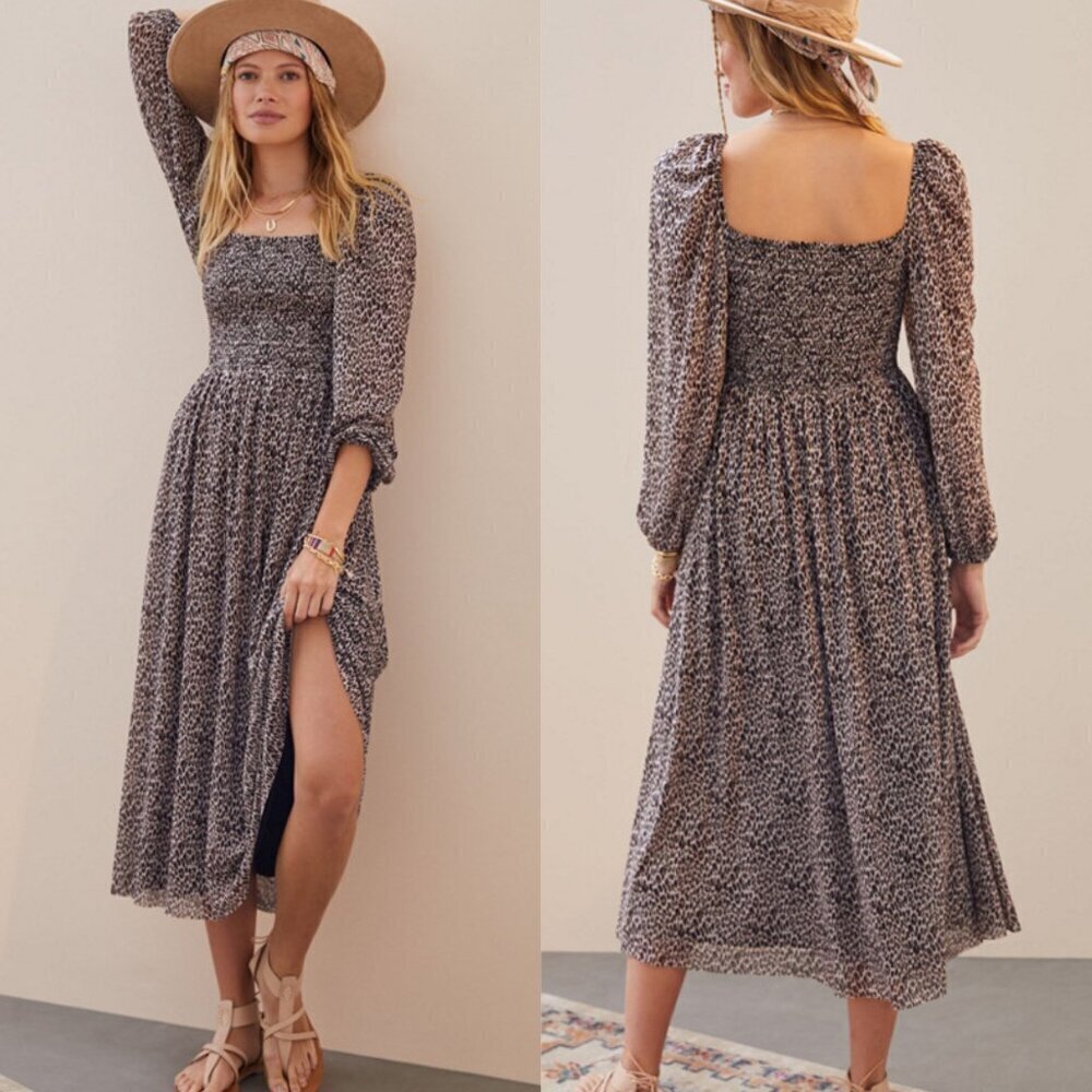 Dolan anthropologie leopard animal Print Smocked Midi Dress 20759
